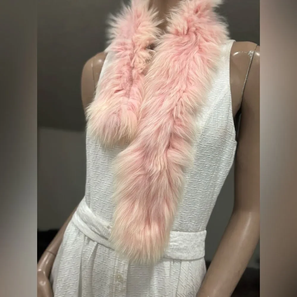 Pink Real Fox Fur Scarf, Soft & Cozy Knitted Fox Fur Scarf, Fox fur Collar
